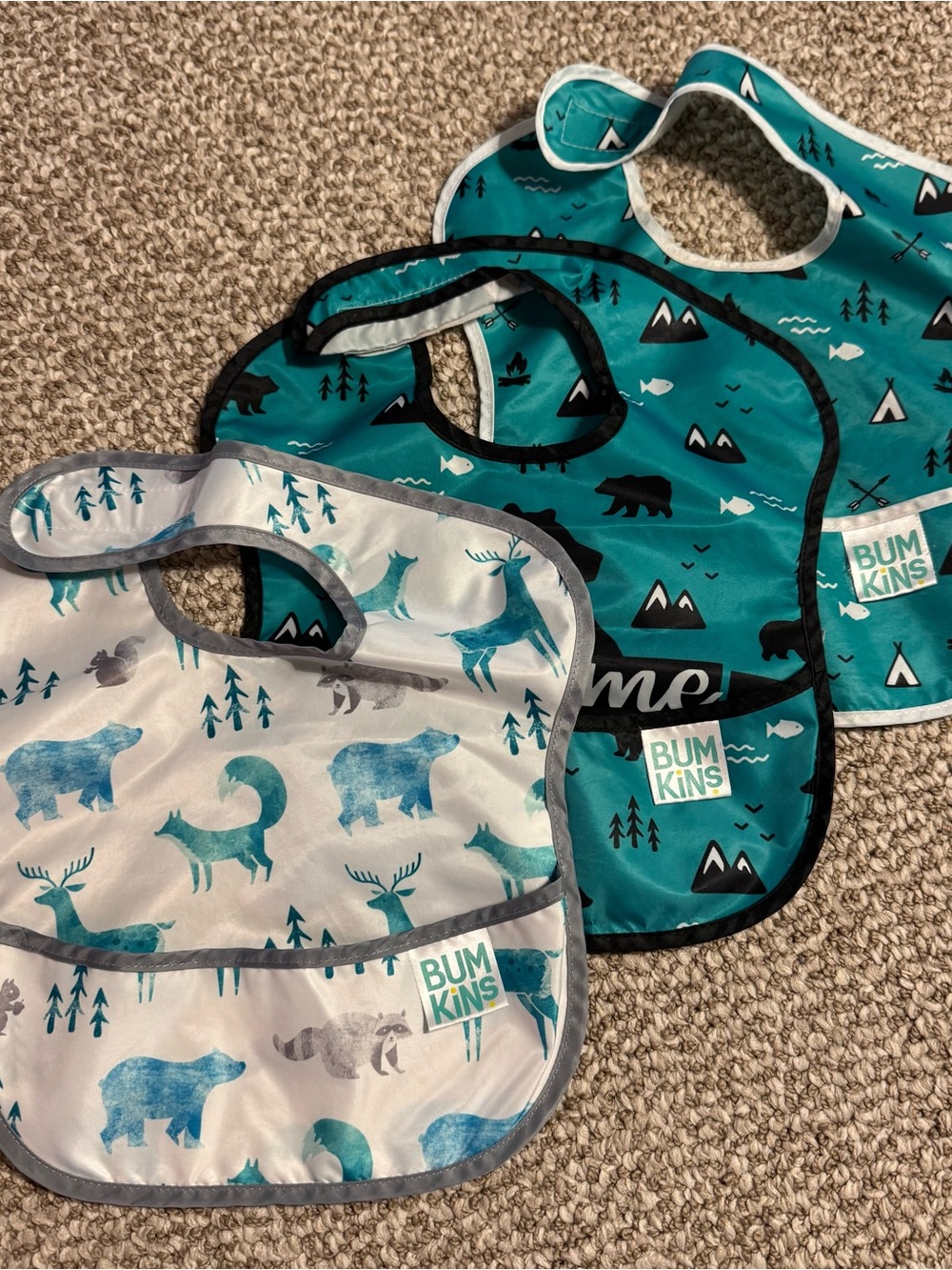 Lot of 3 Bumkins Waterproof Bibs Woodland Camp Animal Print Baby Toddler